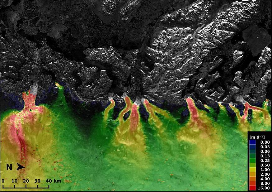 Figure 90: This image combines two Sentinel-1A radar scans from 3 and 15 January 2015 to show ice velocities on outlet glaciers of Greenland’s west coast (image credit: Copernicus data (2015), ESA, Enveo)