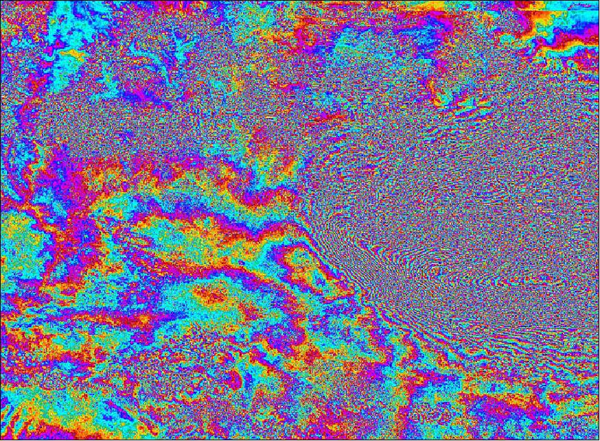 Figure 86: Interferogram over Kathmandu, Nepal, generated from two Sentinel-1A scans on 17 and 29 April 2015 – before and after the 25 April earthquake. Each ‘fringe’ of color represents about 3 cm of deformation. The large amount of fringes indicates a large deformation pattern with ground motions of 1 m or more (image credit: Contains Copernicus data (2015)/ESA/DLR Microwaves and Radar Institute/GFZ/e-GEOS/INGV–ESA SEOM INSARAP study)