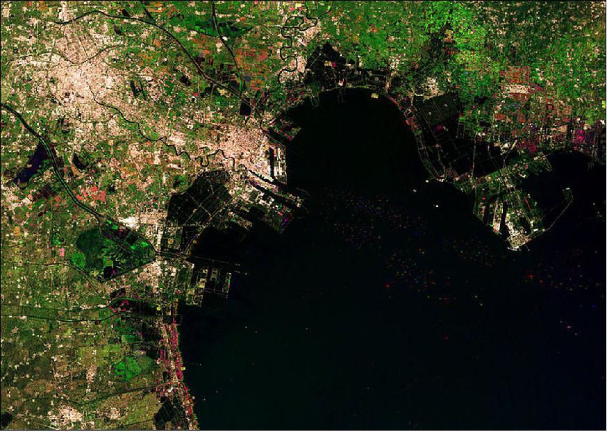 Figure 84: Sentinel-1A radar image of Tianjin, China, captured in 3 acquisitions (22 October 2014, 14 January 2015 and 7 February 2015), image credit: Copernicus data (2014/2015)/ESA