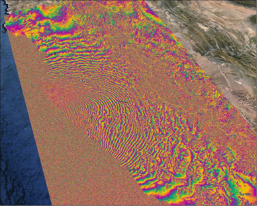Figure 80: Interferogram of the Chile earthquake on Sept. 16, 2015, generated from two Sentinel-1A radar scans on Aug. 24 and Sept. 17, 2015 (image credit: Copernicus Sentinel data (2015)/ESA SEOM INSARAP study PPO.labs/NORUT)