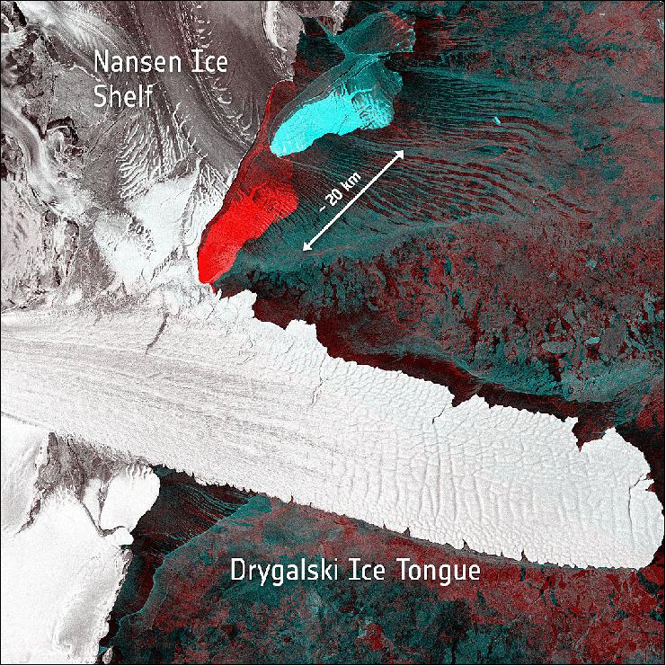 Figure 73: Sentinel-1A captured radar images of the Nansen Ice Sheet on 2 and 9 April 2016, before and after the calving event that gave birth to two large icebergs measuring about 10 km and 20 km in length and 5 km across (ESA, Contains modified Copernicus Sentinel data [2016], processed by ESA)