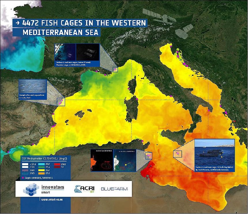 Figure 70: The ESA SMART (Sustainable Management of Aquaculture through Remote sensing Technology) poster features the nearly 4500 fish cages detected in the western Mediterranean Sea by Sentinel-1 and other satellites (image credit: ESA, contains modified Copernicus Sentinel data [2016] / ESA / ACRI / Bluefarm / Ifremer)