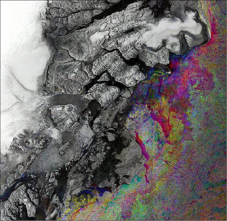 Figure 64: SAR image taken over part of northeast Greenland’s coast combines three images from Sentinel-1A’s radar observed on 15 February, 10 March and 3 April 2016 (image credit: ESA, the image contains modified Copernicus Sentinel data (2016), processed by ESA)