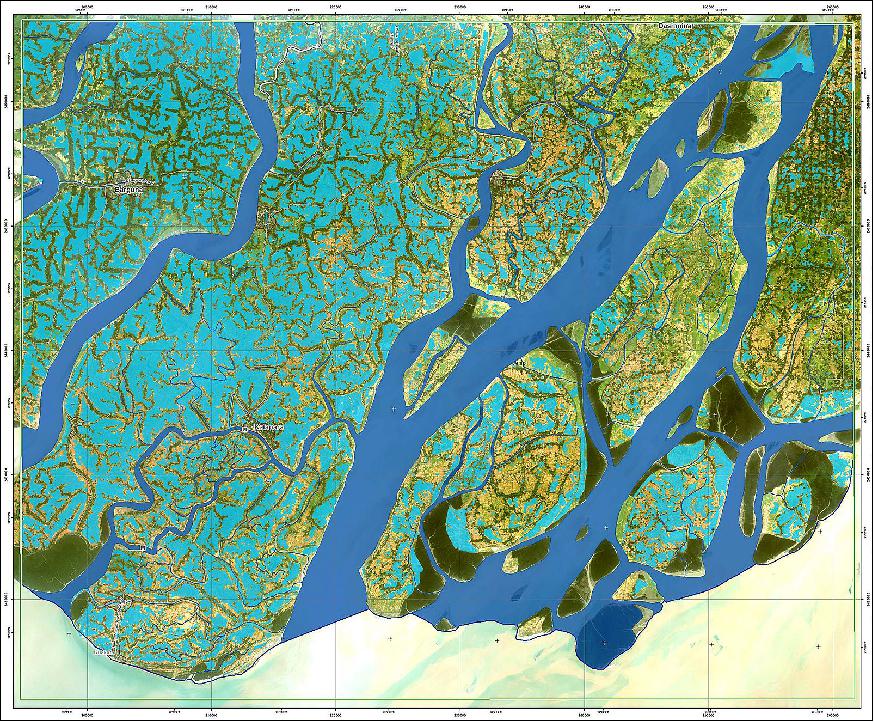 Figure 62: Sentinel-1A flood map of Barguna, Bangladesh, acquired on May 23, 2016; showing over 85,000 hectares of flooded areas in light blue (image credit: Copernicus Service information (2016) / Copernicus EMS / e-GEOS)
