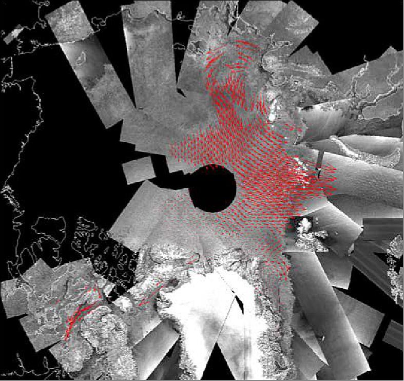 Figure 61: Mosaic of Sentinel-1A data acquired on October 27-29, 2015. Daily ice drift is derived from consecutive overlapping scenes (image credit: ESA, the image contains modified Copernicus Sentinel data (2015)/ ESA/DTU/CMEMS)