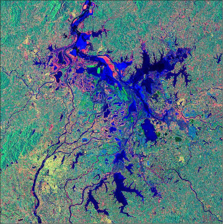 Figure 55: Radar images from the Copernicus Sentinel-1 mission have been used to monitor the evolution of the lake, including this image which combines two radar scans from 7 and 19 March, 2016 (image credit: ESA, the image contains modified Copernicus Sentinel data (2016), processed by ESA)