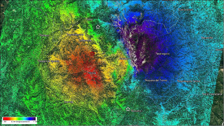 Figure 50: East-West displacements: The results of the analysis show an eastwards shift of about 40 cm in the vicinity of Montegallo, while a westwards shift of about 30 cm is centered in the area of Norcia (image credit: ESA, the image contains modified Copernicus Sentinel data (2016)/ESA/CNR-IREA)