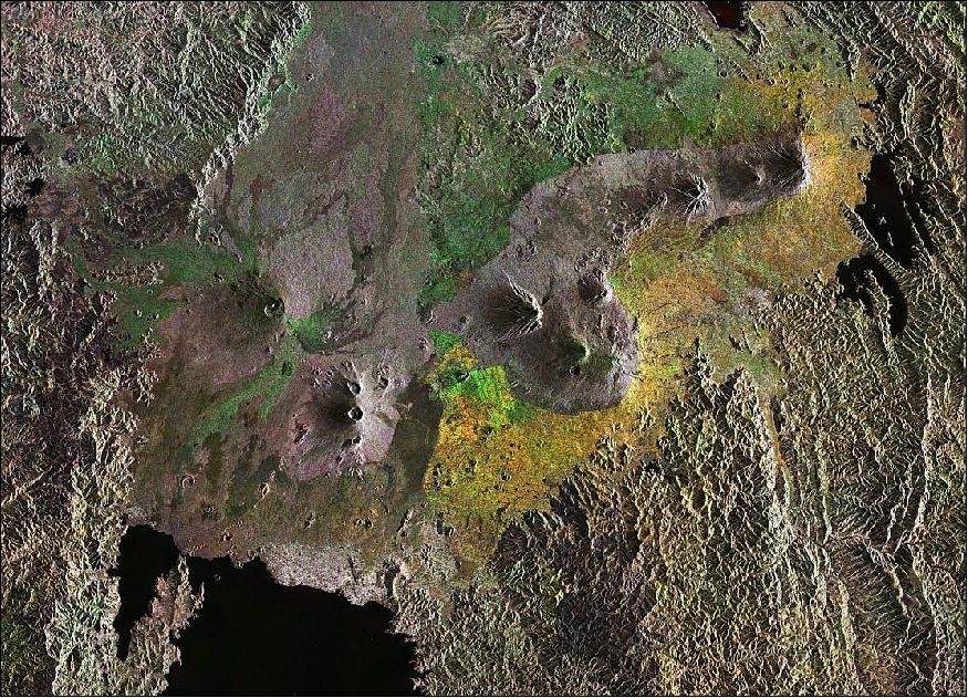 Figure 49: This Sentinel-1 radar composite image features the Virunga Mountains in East Africa: a chain of volcanoes stretching across Rwanda’s northern border with Uganda and east into the Democratic Republic of the Congo (image credit: ESA, the image contains modified Copernicus Sentinel data (2016), processed by ESA)