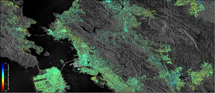 Figure 47: Sentinel-1 radar data show ground displacement of the San Francisco Bay Area. Hot spots are clearly observed, including the Hayward fault running north–south of the central-right side of the image. Subsidence of the newly reclaimed land in the San Rafael Bay on the left is also visible, while an uplift of land is visible in the lower right, possibly a result of a recovering groundwater level after a four-year long drought that ended in autumn 2015 (image credit: ESA, the image contains modified Copernicus Sentinel data (2015–16) / ESA SEOM INSARAP study / PPO.labs / Norut / NGU) 57)