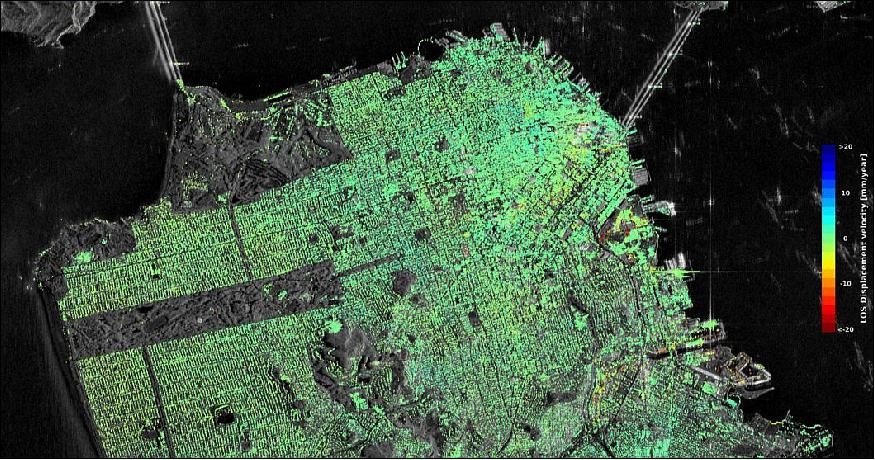Figure 46: Sentinel-1 radar data show ground displacement of downtown San Francisco. While green indicates no detected movement, points in yellow, orange and red indicate where structures are subsiding, or sinking (image credit: ESA, the image contains modified Copernicus Sentinel data (2015–16) / ESA SEOM INSARAP study / PPO.labs / Norut / NGU) 56)