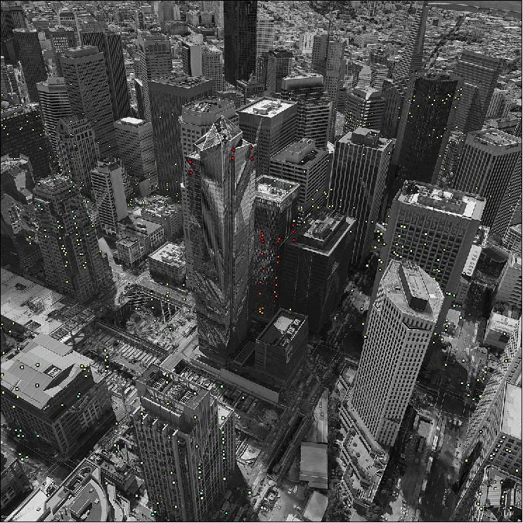 Figure 45: Data from the Sentinel-1 satellites acquired between 22 February 2015 and 20 September 2016 show that Millennium Tower in San Francisco is sinking by about 40 mm a year in the ‘line of sight’ – the direction that the satellite is ‘looking’ at the building. This translates into a vertical subsidence of almost 50 mm a year, assuming no tilting. The colored dots represent targets observed by the radar. The color scale ranges from 40 mm a year away from radar (red) to 40 mm a year towards radar (blue). Green represents stable targets (image credit: ESA, the image contains modified Copernicus Sentinel data (2015–16) / ESA SEOM INSARAP study / PPO.labs / Norut / NGU) 55)