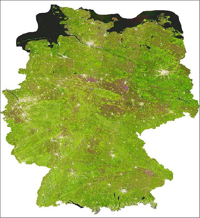 Figure 37: Sentinel-1 TimeScan product: of Germany derived from more than 1500 scans by Sentinel-1 between May 2014 and July 2016 (image credit: DLR, the image contains modified Copernicus Sentinel data (2014-16), processed by DLR) 43)