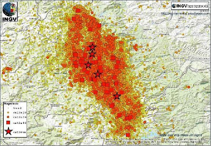 Figure 35: Map of the over 45.000 seismological events recorded by INGV over Central Italy between August 2016 and February 2017. In total, these earthquakes claimed the lives of over 300 people, injured around 360, and caused the temporary displacement of some 2000 citizens from their damaged homes (image credit: INGV)