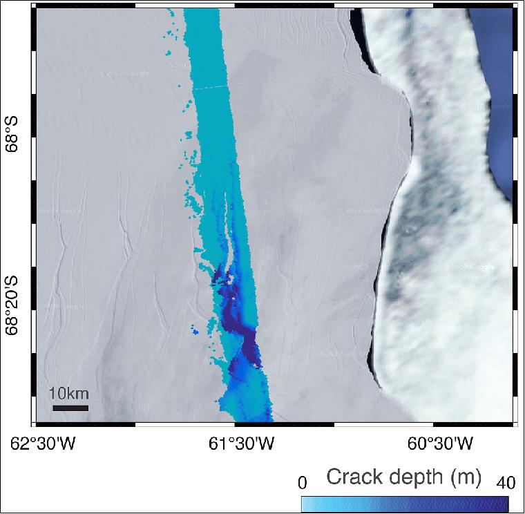 Figure 28: ESA’s CryoSat-2 mission measured the depth of the crack in the Larsen C ice shelf, which led to the birth of one of the largest icebergs on record. Carrying a radar altimeter to measure the surface height and thickness of the ice, the mission revealed that the crack was several tens of meters deep (image credit: University of Edinburgh) 33)