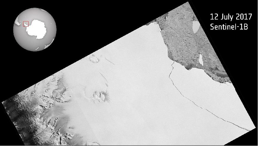 Figure 27: Witnessed by the Copernicus Sentinel-1 mission on 12 July 2017, a lump of ice more than twice the size of Luxembourg has broken off the Larsen-C ice shelf, spawning one of the largest icebergs on record and changing the outline of the Antarctic Peninsula forever. The iceberg weighs more than a million million tons and contains almost as much water as Lake Ontario in North America. Since the ice shelf is already floating, this giant iceberg will not affect sea level. However, because ice shelves are connected to the glaciers and ice streams on the mainland and so play an important role in ‘buttressing’ the ice as it creeps seaward, effectively slowing the flow. If large portions of an ice shelf are removed by calving, the inflow of glaciers can speed up and contribute to sea-level rise. About 10% of the Larsen C shelf has now gone (image credit: ESA, the image contains modified Copernicus Sentinel data (2017), processed by ESA, CC BY-SA 3.0 IGO)