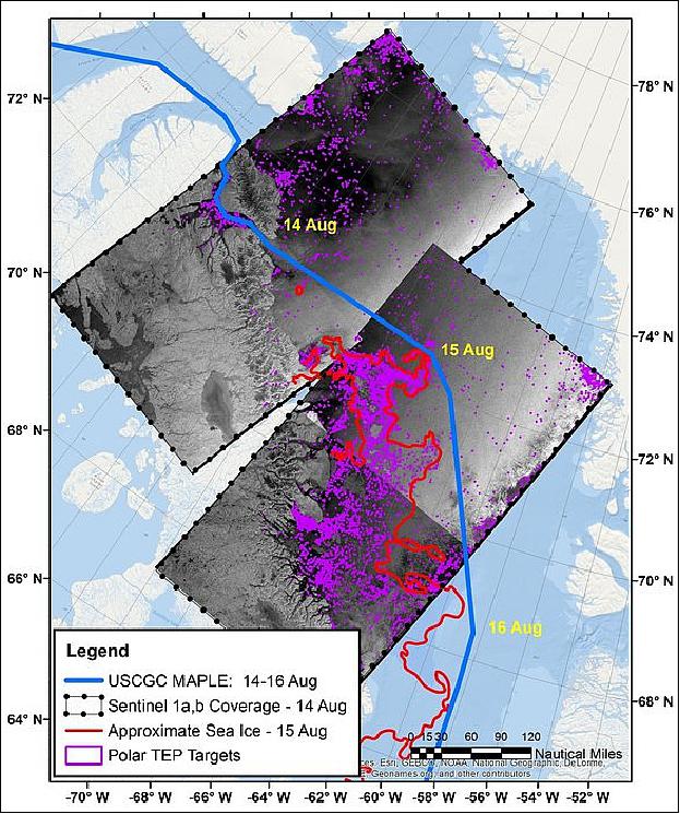 Figure 19: Navigating with Polar TEP. Using ESA’s online Polar TEP, the International Ice Patrol accessed satellite data to detect icebergs and analyze their densities and trajectories (image credit: ESA, the image contains modified Copernicus Sentinel data (2017), processed by Polar TEP)