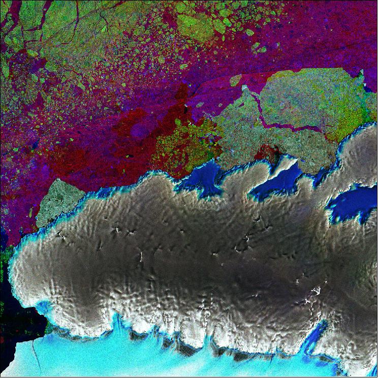 Figure 16: Sentinel-1 ‘radar vision’ over part of Antarctica’s third-largest island, Thurston Island. The image combines three passes by Sentinel-1’s radar in March, April and May 2017 - each was assigned a color – red, green and blue which were merged (image credit: ESA, the image contains modified Copernicus Sentinel data (2017), processed by ESA, CC BY-SA 3.0 IGO)
