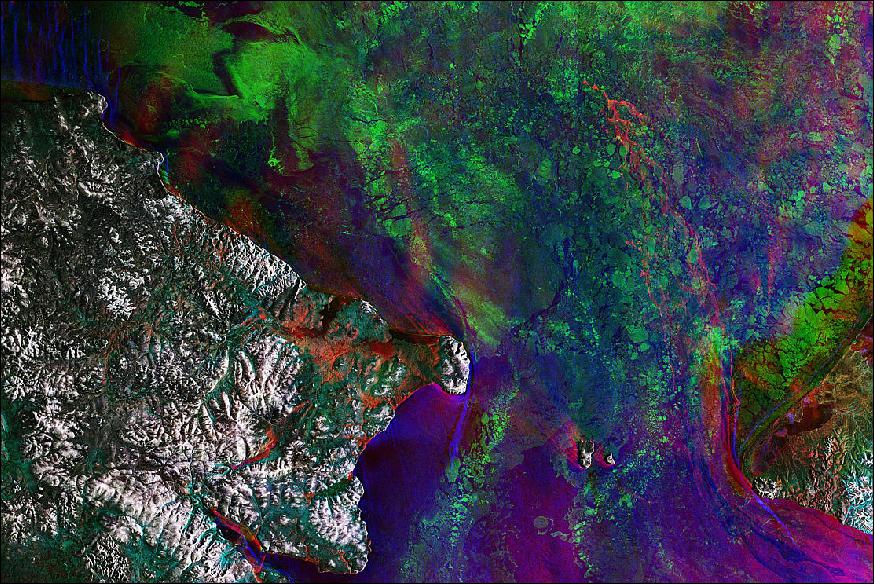 Figure 14: The image was created by combining three radar scans of 11 December 2017, 23 December 2017 and 4 January 2018. Each image has been assigned a different color: blue, red and green, respectively. This creates a colorful composite that highlights how the sea ice changed over the four weeks of observation (image credit: ESA, the image contains modified Copernicus Sentinel data (2017–18), processed by ESA, CC BY-SA 3.0 IGO)