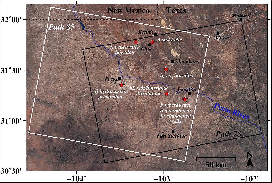 Figure 13: Locations of ground deformation in West Texas. Six major sites (red stars) in West Texas display the locations influenced by human activities identified based on Sentinel-1A/B multi-temporal interferometry (background image is from Sentinel-2). To estimate 2D (east-west and vertical) deformation, the ascending (path 78; black box) and descending (path 85; white box) track Sentinel-1A/B images were integrated over the overlapped regions. The West Texas’ Permian Basin contains two major aquifer systems under the influence of the Pecos River, the Pecos Valley aquifer and the Edwards-Trinity aquifer (SMU, ESA)