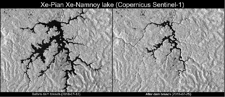 Figure 9: Dam failure in the Xe-Pian Xe-Namnoy lake area (image credit: ESA, the image contains modified Copernicus Sentinel data (2018) processed by CESBIO)