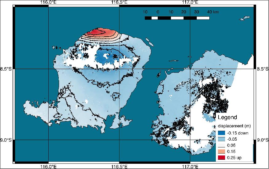 Figure 7: New satellite map shows ground deformation after Indonesian quake. The map shows that the earthquake fault was under the northwest corner of Lombok island, probably extending offshore to the west. Through these maps, NASA and its partners are contributing observations and expertise that can assist with response to earthquakes and other natural or human-produced hazards (image credit: NASA/JPL-Caltech/Copernicus/ESA, the image contains modified Copernicus Sentinel-1 data (2018) processed by ESA and NASA/JPL)