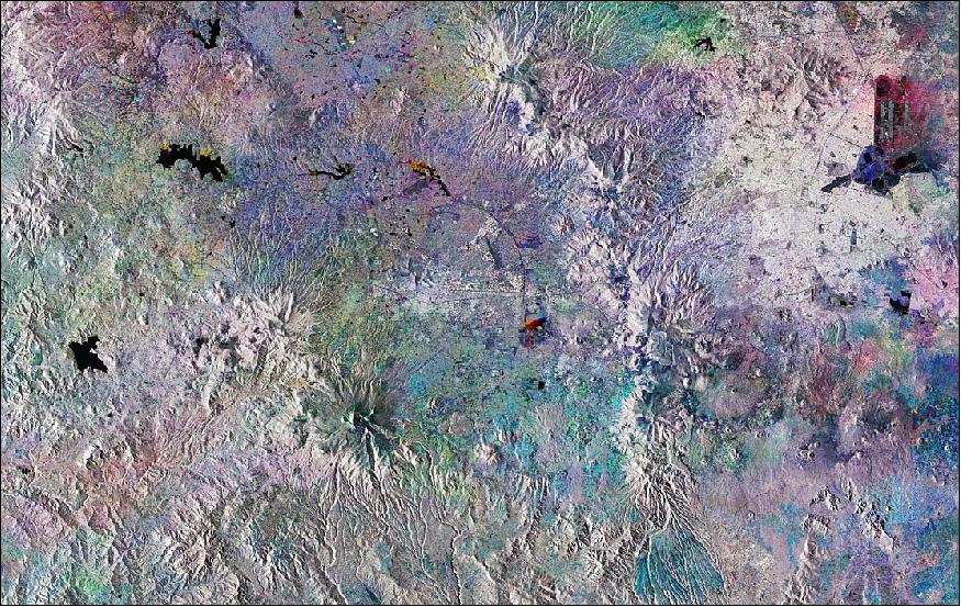 Figure 1: Mexico City is located in the top right of the SAR image. This striking image has been created using three Copernicus Sentinel-1 acquisitions from 28 July, 27 August and 26 September 2018, overlaid in red, green and blue, respectively. Where we see explosions of color, changes have occurred between the different acquisitions. This image is also featured on the Earth from Space video program (image credit: ESA, the image contains modified Copernicus Sentinel data (2018), processed by ESA, CC BY-SA 3.0 IGO)