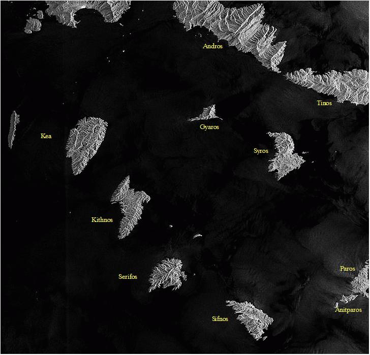 Figure 115: Sentinel-1A radar scan acquired on 22 April 2014 over the Greek Cyclades (Kyklades) island group, located to the southeast of mainland Greece in the Aegean Sea; the image was released on May 12, 2014 (image credit: ESA) 139)