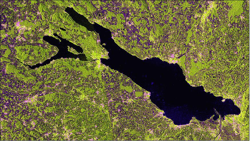 Figure 113: Sentinel-1A image of Lake Constance acquired on May 10, 2014 in ‘interferometric wide swath mode’ and in dual polarization (image credit: ESA)