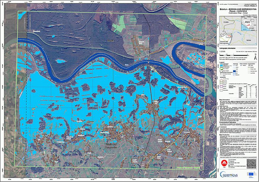 Figure 112: Flood delineation map over the village of Balatun in northeastern Bosnia and Herzegovina based on Sentinel-1A data. Serbia lies to the north of the Sava river (image credit: ESA)