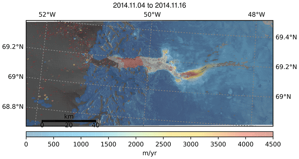 Figure 10: The Copernicus Sentinel-1 mission has revealed that, on average, Greenland’s glaciers are flowing more slowly into the Arctic Ocean. While the general flow has reduced in recent years, in the summer glaciers flow up to 25% faster than in the winter. Jakobshavn Isbrae, which is Greenland’s fastest flowing glacier, reached a peak of 17 km per year in 2013, the result of an unusually warm summer. But satellite data, in particular from Sentinel-1, show that, on average, it has actually slowed down by 10% since 2012. This is overlaid by a seasonal pattern, with the glacier accelerating by up to 14% over a three-month summer period before slowing down again in winter (image credit: ESA, the image contains modified Copernicus Sentinel data (2014–17), processed by CPOM) 13)