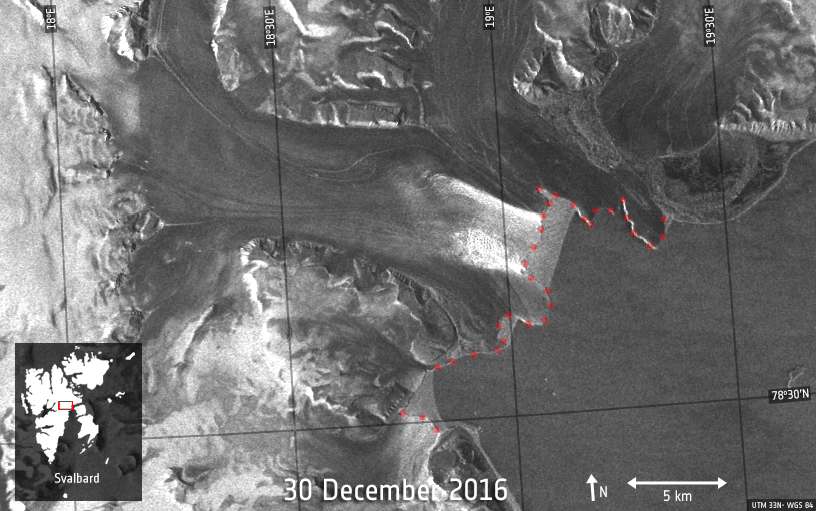 Figure 30: Radar images from the Copernicus Sentinel-1 mission show the sudden advance of the Negribreen glacier in Norway in early 2017 [image credit: ESA, the image contains modified Copernicus Sentinel data (2016–17), processed by T. Strozzi (Gamma)]