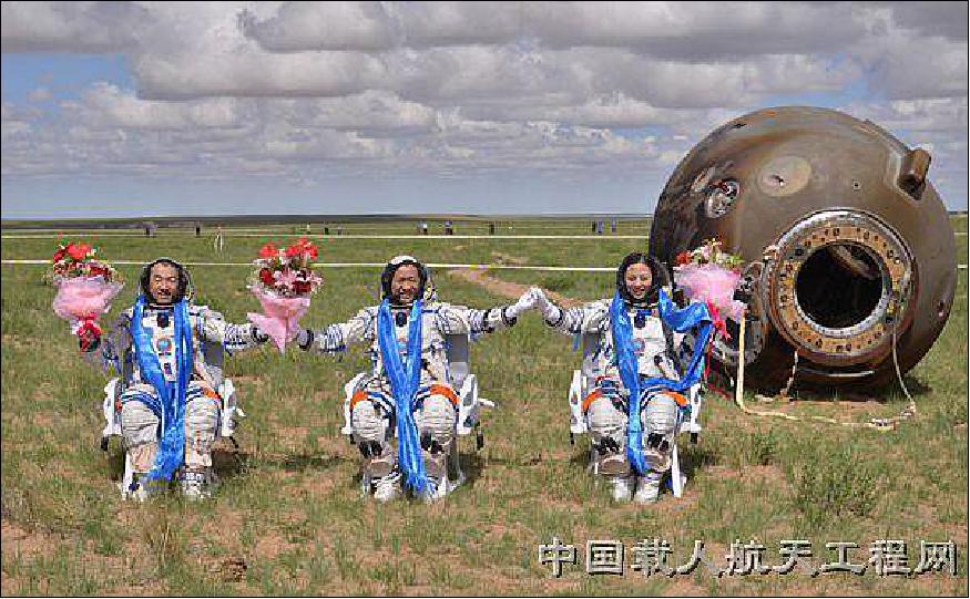 Figure 3: Photo of the Shenzhou-10 crew and their spacecraft after the landing on June 26, 2013 (image credit: CMSA, CAST)