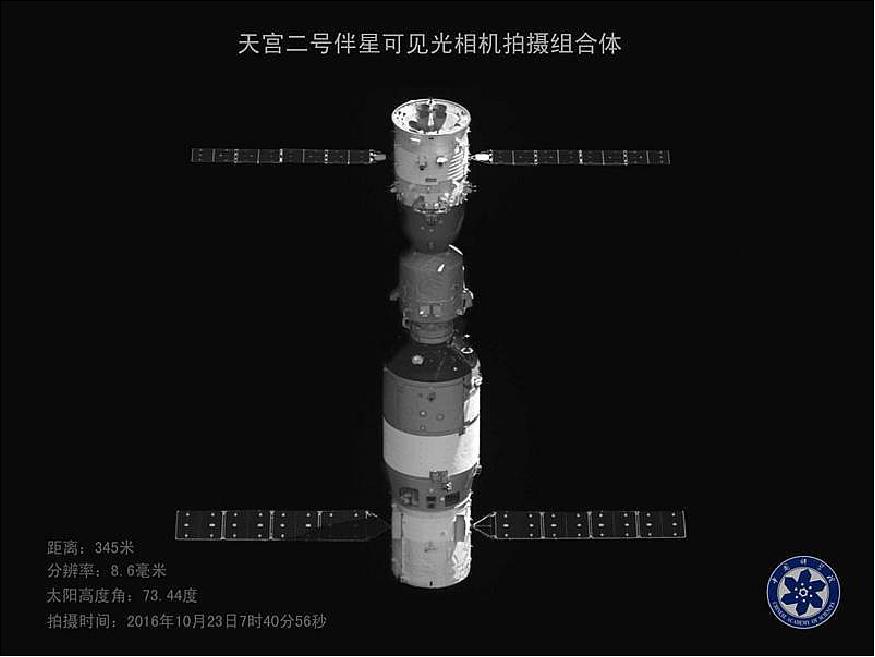 Figure 25: This view of the Tiangong-2/Shenzhou-11 complex was photographed by the BX-2 microsatellite on Oct. 23 and downlinked to Earth on Oct. 25 by BX-2 (image credit: CCTV)