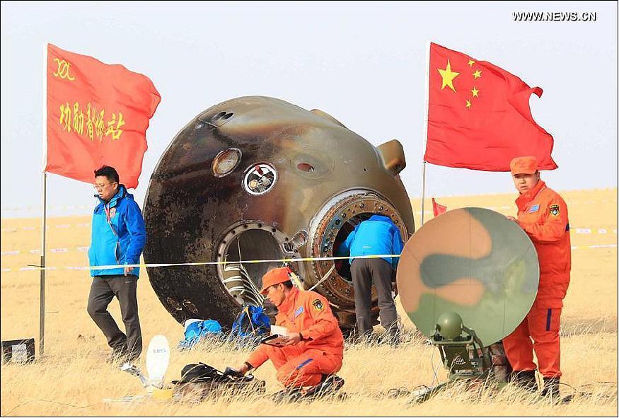 Figure 23: China's spacecraft recovery team works around the Shenzhou-11 landing capsule after its touchdown in Inner Mongolia (image credit: Xinhua)