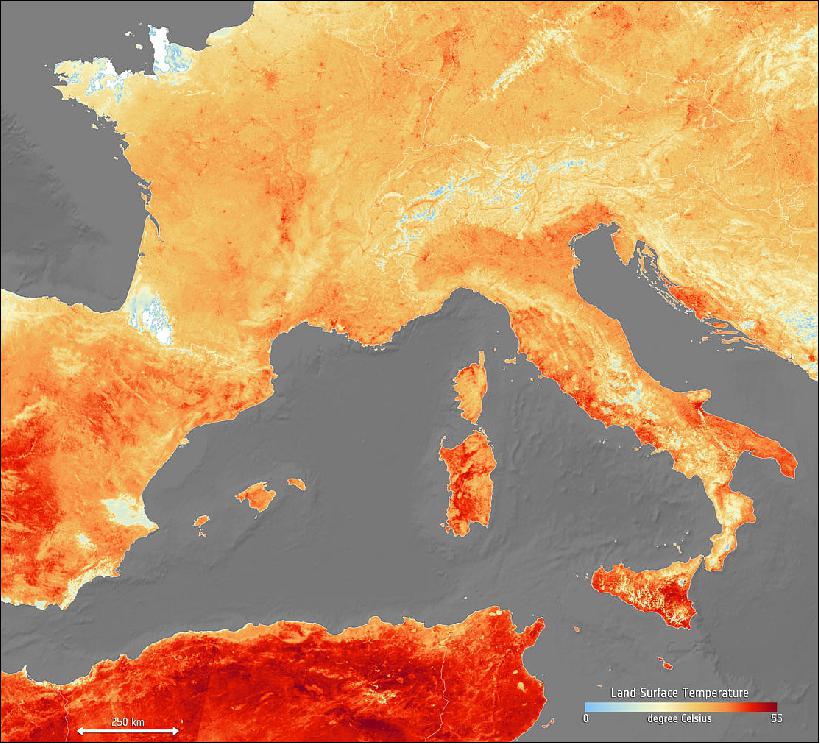 Figure 18: The heat is on. With some places expecting to be hit with air temperatures of over 40ºC in the next days, much of Europe is in the grip of a heatwave – and one that is setting record highs for June. According to meteorologists this current bout of sweltering weather is down to hot air being drawn from north Africa. This map shows the temperature of the land on 26 June 2019. It has been generated using information from the Copernicus Sentinel-3’s Sea and Land Surface Temperature Radiometer, which measures energy radiating from Earth’s surface in nine spectral bands – the map therefore represents temperature of the land surface, not air temperature which is normally used in forecasts. The white areas in the image are where cloud obscured readings of land temperature and the light blue patches are either low temperatures at the top of cloud or snow-covered areas (image credit: ESA, the image contains modified Copernicus Sentinel data (2019), processed by ESA, CC BY-SA 3.0 IGO)
