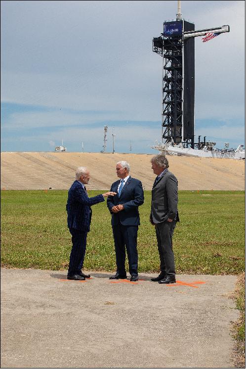 Figure 55: Vice President Mike Pence celebrates the 50th anniversary of the Apollo 11 Moon landing with Apollo 11 Lunar Module Pilot Buzz Aldrin (left) and Rick Armstrong (right), son of Apollo 11 Commander Neil Armstrong, during a visit to Launch Complex 39A at NASA's Kennedy Space Center in Florida on July 20, 2019 (image credit: NASA, Kim Shiflett)