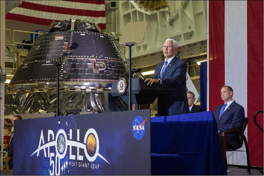 Figure 54: Vice President Mike Pence visited and gave remarks in the Neil Armstrong Operations and Checkout Building at NASA's Kennedy Space Center in Florida on Saturday to commemorate the 50th anniversary of the agency's Apollo 11 Moon landing and announce to America the completion of NASA's Orion crew capsule for the first Artemis lunar mission. 7)
