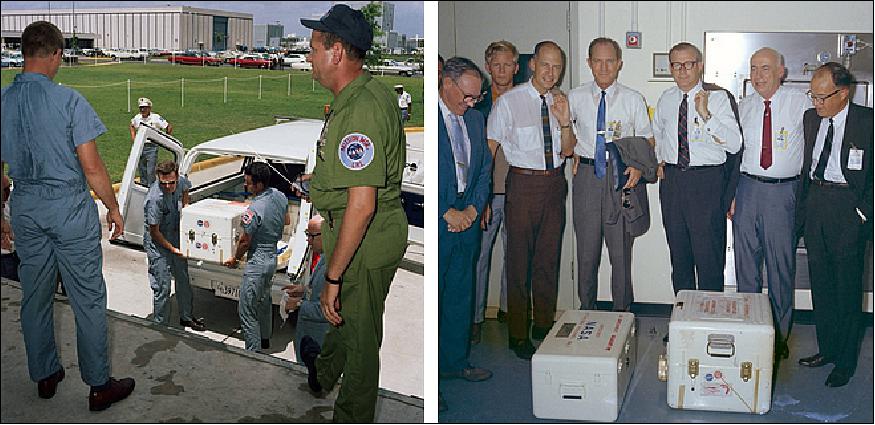 Figure 38: Left: Schneider (left) and McCollum unload the first of two containers of Apollo 11 materials at the LRL. Right: Top NASA managers (left to right, in shirtsleeves) Low, Phillips, Payne, and Gilruth stand next to the first two containers of Apollo 11 materials at the LRL – the box on the left contains the first ALSRC (image credit: NASA)