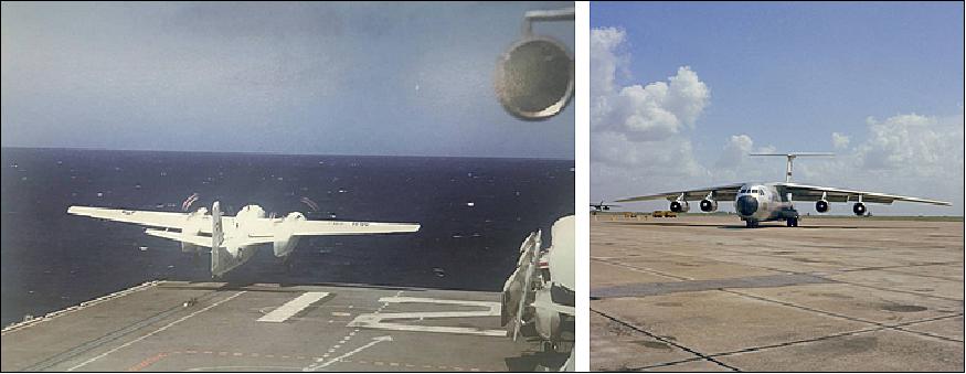 Figure 37: Left: A C-1A Trader aircraft takes off from the deck of Hornet carrying the first box of lunar samples en route to Johnston Island. Right: A C-141 Starlifter cargo plane lands at Ellington AFB in Houston carrying the first box of lunar samples (image credit: US Navy, Bob Fish)