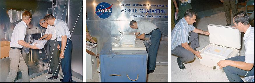 Figure 36: Left: NASA personnel remove crew biological samples from the MQF's transfer lock – the liquid decontamination fluid can be seen dripping from the bag. Middle: A NASA engineer documents an ALSRC (Apollo Lunar Sample Return Container) before packing. Right: NASA personnel place an ALSRC into a transport container (Image credit: NASA)