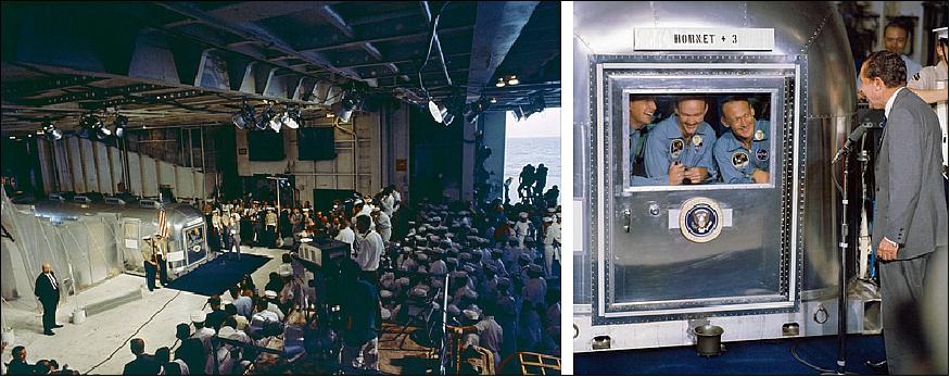 Figure 34: Left: Overall view of Hornet's hangar bay where President Nixon welcomed home the Apollo 11 astronauts, sealed in the MQF (Mobile Quarantine Facility). Right: Closeup of President Nixon and the three astronauts (left to right) Armstrong, Collins, and Aldrin in the MQF (image credit: NASA)