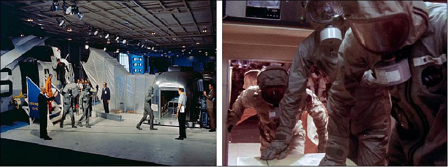 Figure 33: Left: Apollo 11 astronauts (left to right) Aldrin, Armstrong, and Collins followed by Dr. Carpentier (in orange) walk from the recovery helicopter to the MQF in Hornet's hangar bay. A portion of the backup MQF is visible behind the prime. Right: The astronauts (left to right) Aldrin, Armstrong, and Collins, followed by Dr. Carpentier, enter the MQF (image credit: NASA)