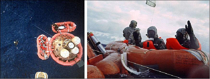 Figure 31: Two views of the recovery process. Left: From the recovery helicopter, the Billy Pugh net is lowered to the raft where the three astronauts await retrieval with Hatleberg. Right: Approximately the same scene as seen from the water (image credit: US Navy John Wolfram, US Navy)