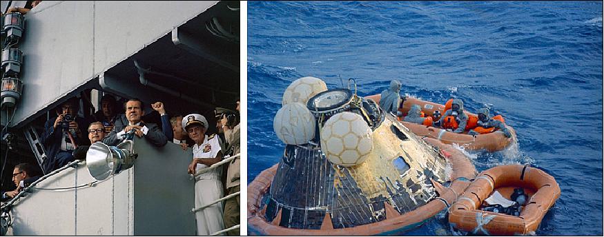 Figure 30: Left: President Nixon (center) with NASA Administrator Paine to his right and US Navy Admiral McCain to his left watch the Apollo 11 recovery operations from the flag bridge of the USS Hornet. Right: Apollo 11 astronauts await the recovery helicopter with the decontamination officer, all wearing BIGs (image credit: NASA)