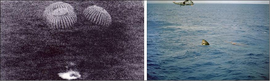 Figure 29: Left: The moment Apollo 11 splashed down in the Pacific Ocean, photographed from a US Navy helicopter. Right: Columbia in Stable 2 position shortly after splashdown (image credit: US Navy Mitch Bucklew)