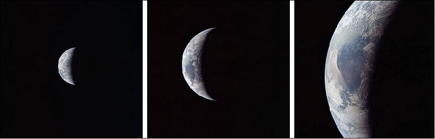 Figure 28: Three images of Earth taken by Apollo 11 astronauts during the last few hours of their approach back to Earth (left to right) from 41,400 miles, 23,800 miles, and approximately 11,500 miles (image credit: NASA)