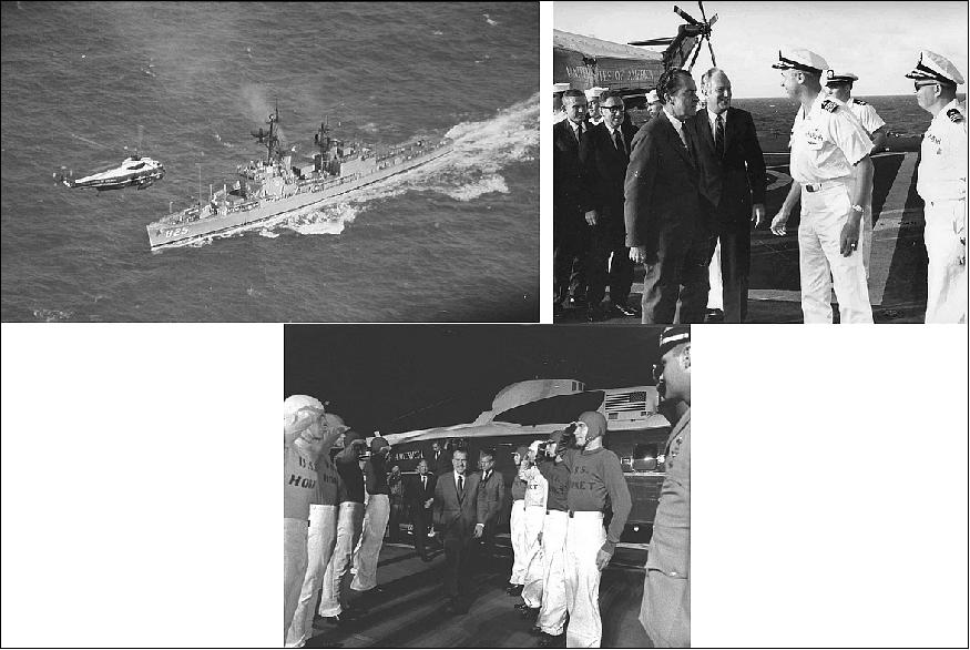Figure 27: Left: Marine One carrying President Nixon en route to USS Arlington. Middle: President Nixon arriving aboard Arlington. Right: President Nixon arriving aboard Hornet (image credit: USMC Dan McDyre, US Navy)