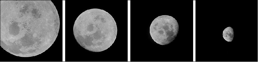 Figure 25: Apollo 11 astronauts photographed the receding Moon from (left to right) 1,920 miles, 3,420 miles, 5,380 miles, and 12,030 miles away (image credit: NASA)