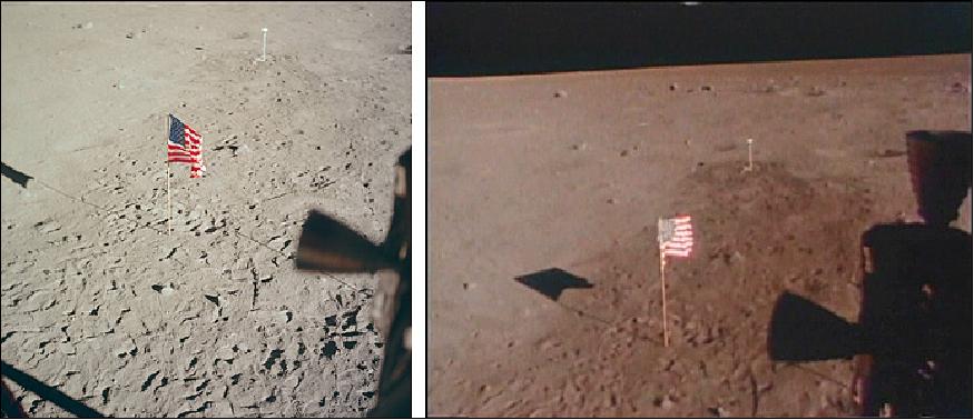 Figure 22: Left: Shortly after the EVA, from Aldrin's window, showing the flag and the TV camera. Right: The next morning, also from Aldrin's window, showing that the flag had changed position (image credit: NASA)