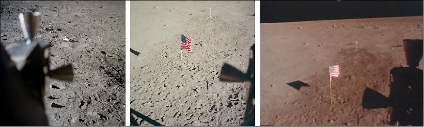 Figure 20: Photos taken after the EVA. Left: From Armstrong's window, showing the two EASEP experiments. Middle: From Aldrin's window, showing the flag and the TV camera. Right: The next morning, also from Aldrin's window, showing that the flag had changed position due to settling in the lunar soil (image credit: NASA)